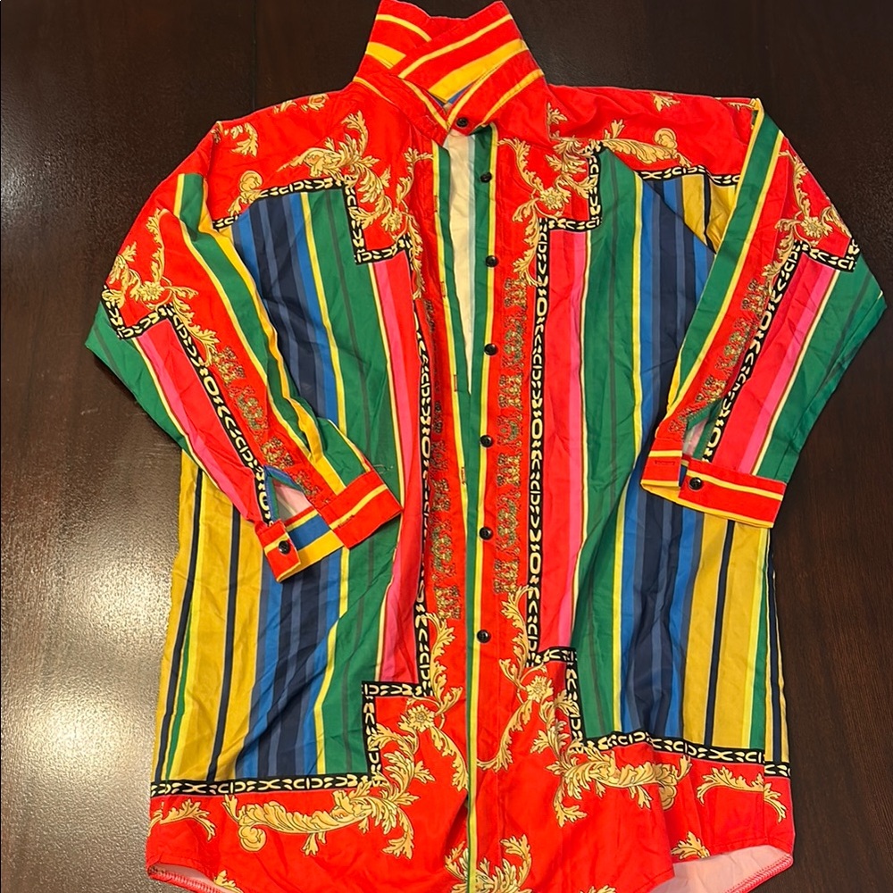 AKIRA Red and Green Striped Blouse with Ornate Design